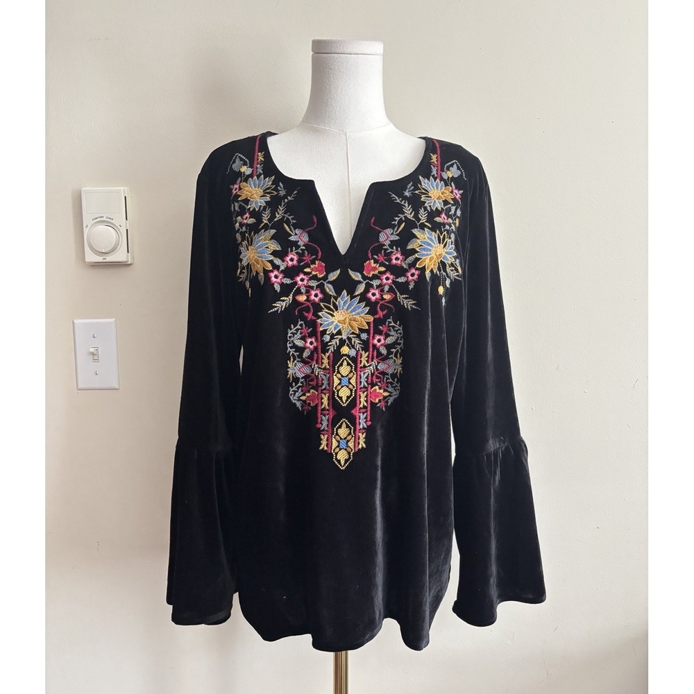 Dark Boho Black Velvet Top Floral Embroidered Flare Sleeve Womens XL Whimsigoth